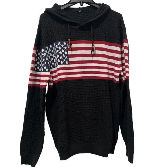 Men’s American Flag Hoodie Pullover Sweater Black NWOT Size XL - Picture 2 of 8